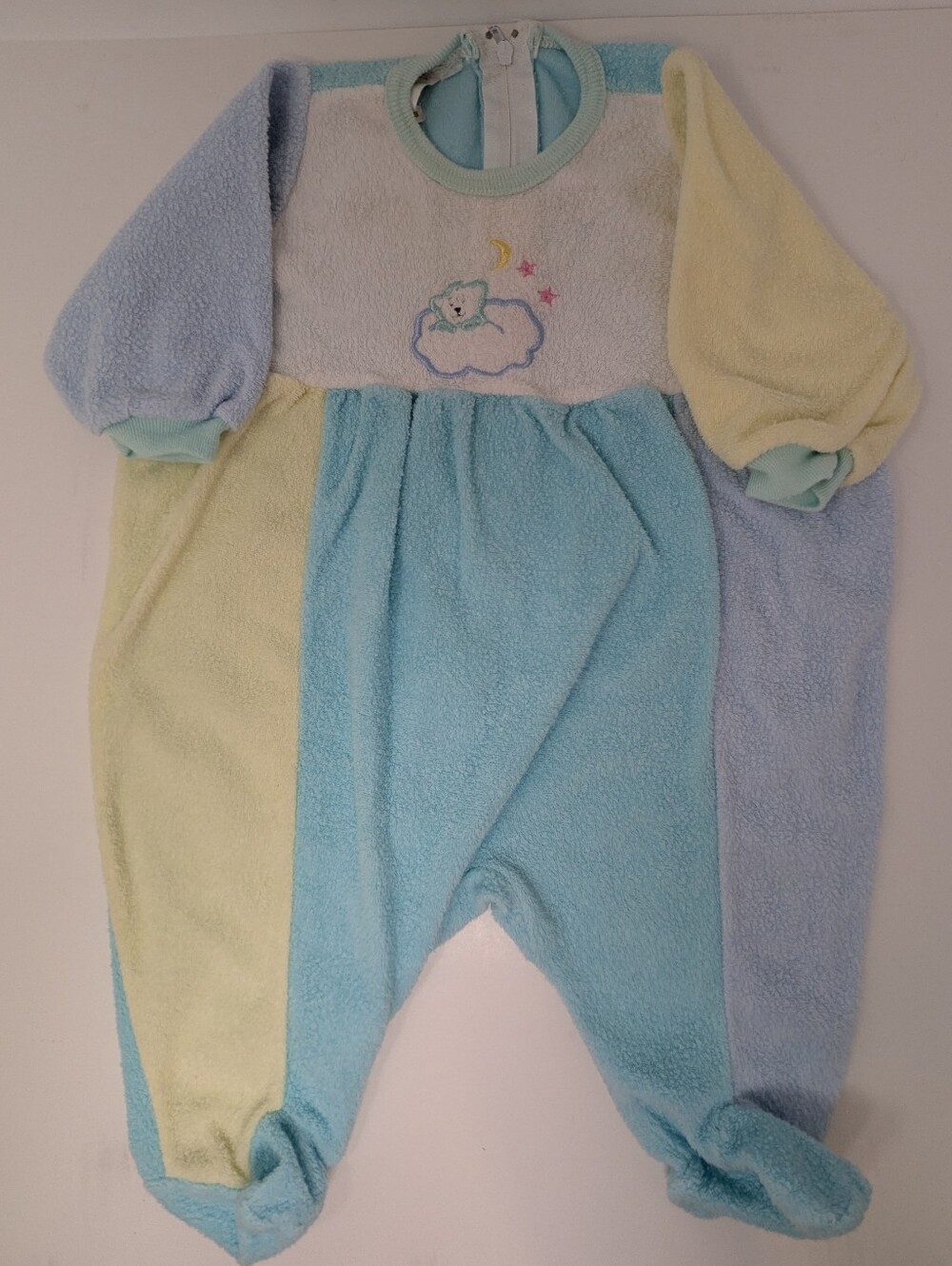 Vintage Baby Sleeper Pastel Color Block Terrycloth Bear Clouds Moon